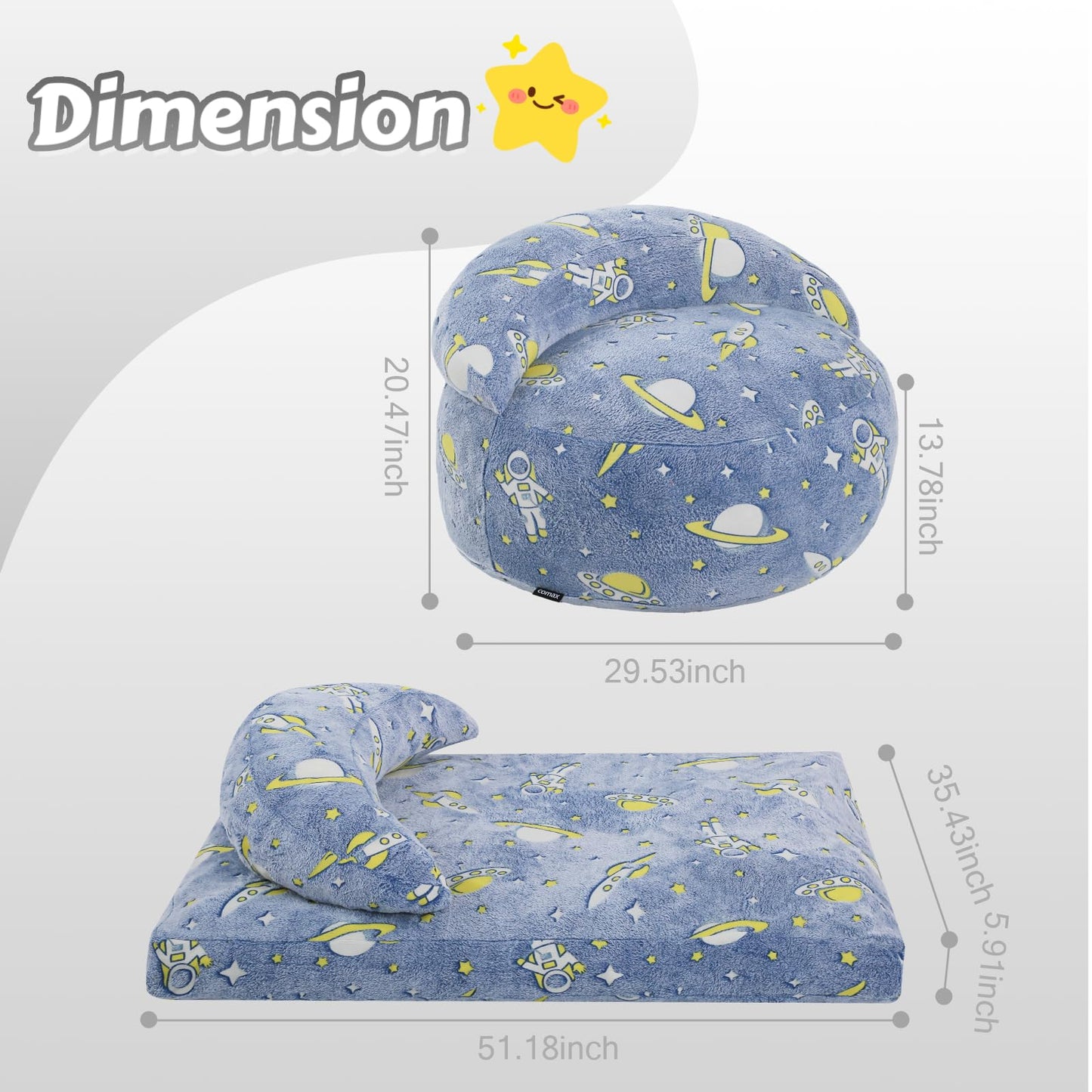 COMAX Bean Bag Chair for Kids, Dinosaur Convertible Toddler Beanbag Bed, Children Bean Chair Stuffed to Floor Mattress with Filler, Blue Universe