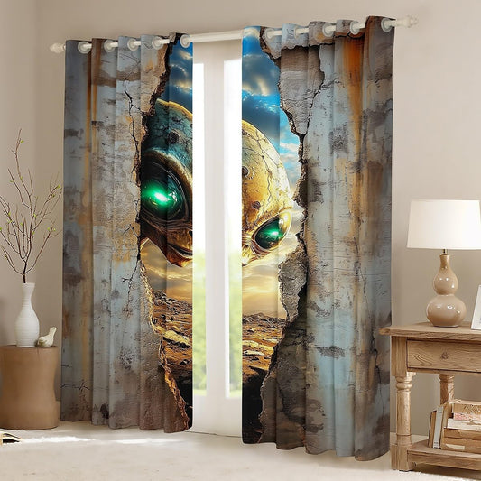 Feelyou Kids Alien Printed Curtains,Outer Space Alien Window Curtains for Bedroom Living Room,3D Alien Window Drapes,Space Alien Blackout Curtains, 42W X 84L,2 Panels