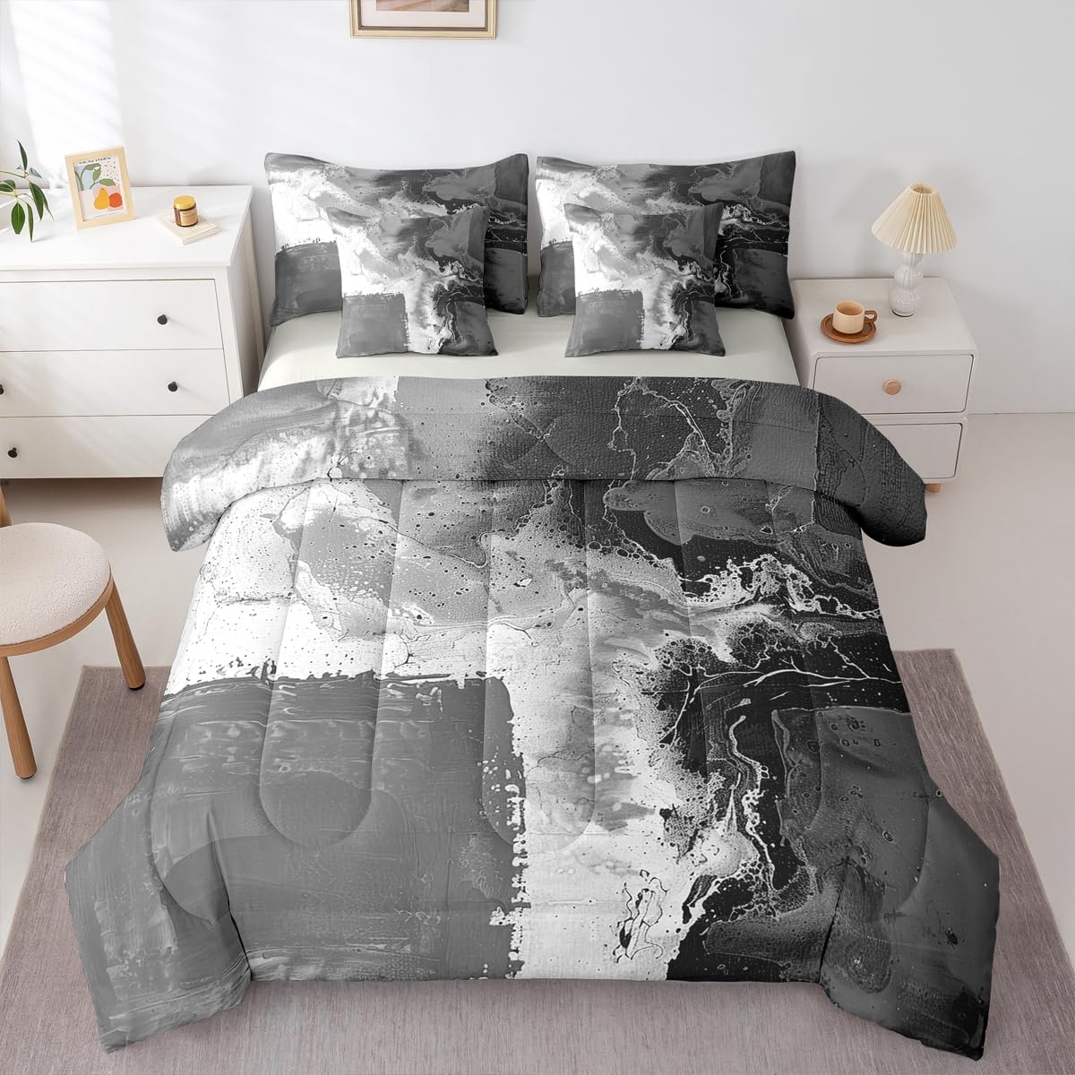 Feelyou Abstract Comforter Set with Sheets 7 Piece King Size Modern Abstract Art Bedding Set for Kids Boys Girls Luxury Bed in a Bag Geometric Room Decor Balck Gray Soft Lightweight Microfiber