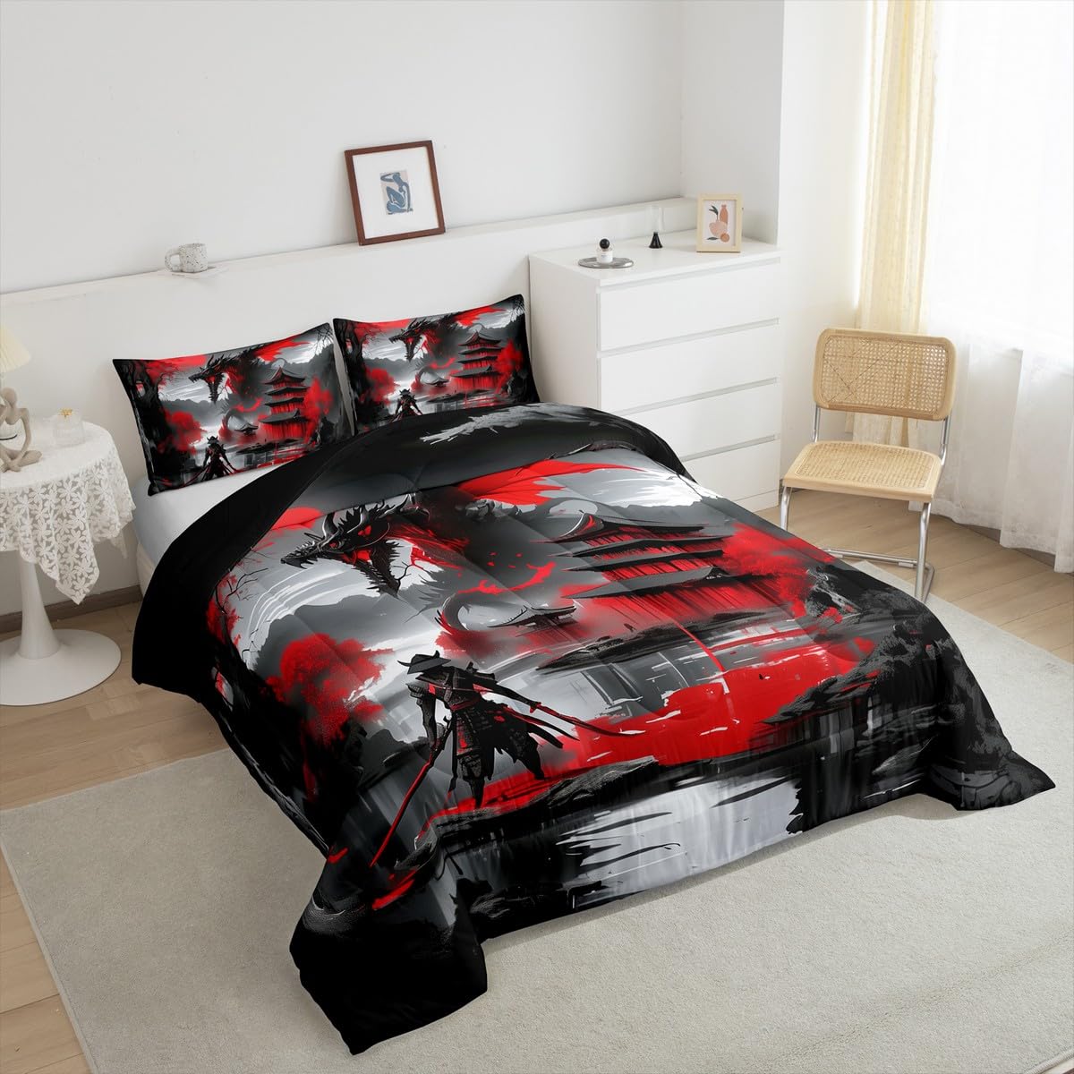 Erosebridal Japanese Style Twin Down Comforter Dragon Comforter Set Magical Animals Bedding Set Western Wildlife Theme Quilt for Boys Kids Teens Adult Bedroom, with 1 Pillow Cases