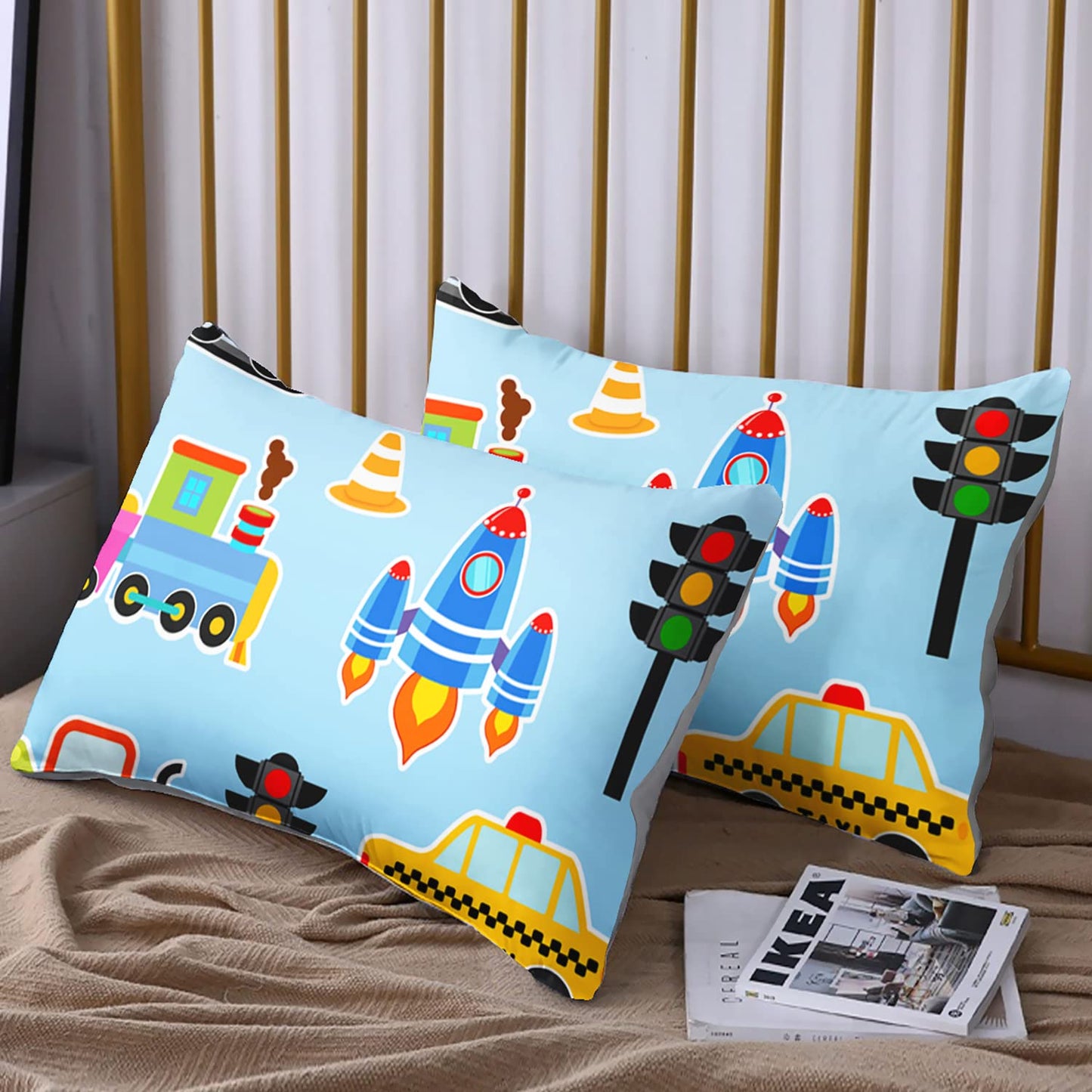 HOSIMA Cartoon Car Kids Fitted Sheet Set,Taxi Excavator Tractor Bedding for Kids' Room, Light Blue, Queen Size,1 Fitted Sheet+2 Pillowcases.