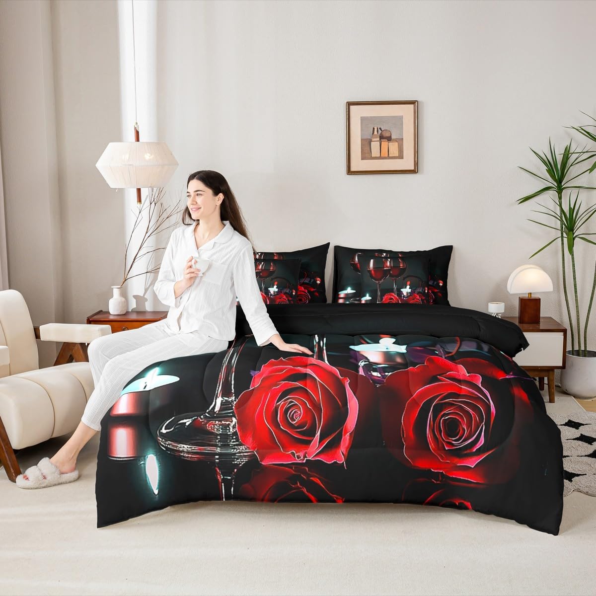Erosebridal Red Rose 7 Piece Comforter Set Full Bed in A Bag Romantic Valentine Bedding Set for Grils Women Wine Glass Candles Duvet Insert Rose Floral Petals Sheet Set with Comforter