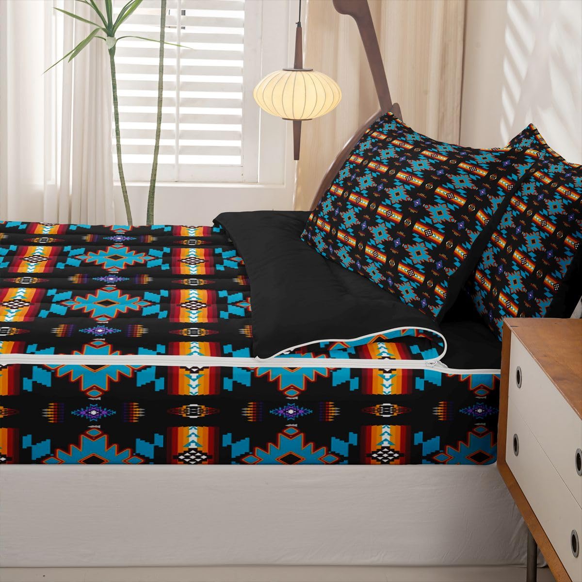 Erosebridal Western Aztec Zipper Bedding Queen Vintage Geometric Zip Up Bedding Set for Boys and Kids, Boho Western Bed in a Bag Native American Rustic Farmhouse Comforter Set with Sheets Black Blue