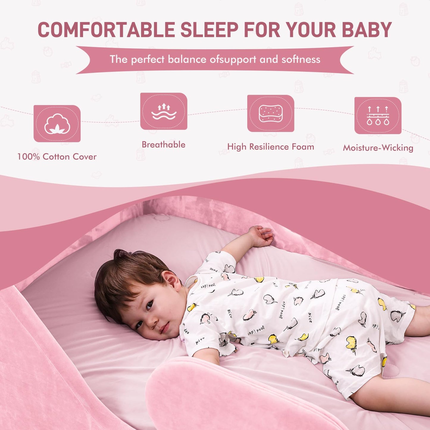 weeonekids Toddler Bed, Child Bed for Kids with Extra Safty Broad, Standard Crib Size Toddler Bed, Certified Fabric Toddler Beds,Toddler Flood Bed (Pink)