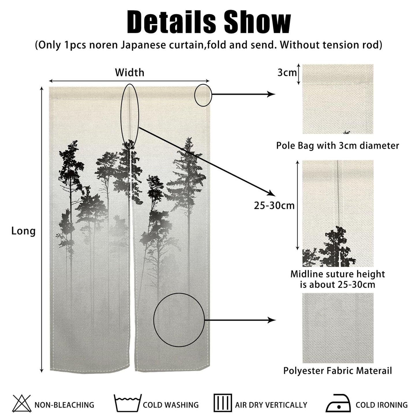 XMJJKUF Japanese Noren Doorway Curtain Long Style Japanese Window Treatment Tree Printed Door Curtain Tapestry Panel for Hanging Ukiyoe Room Divider Kitchen Home Decors(Ink,Trees),33.5"x 70.9"