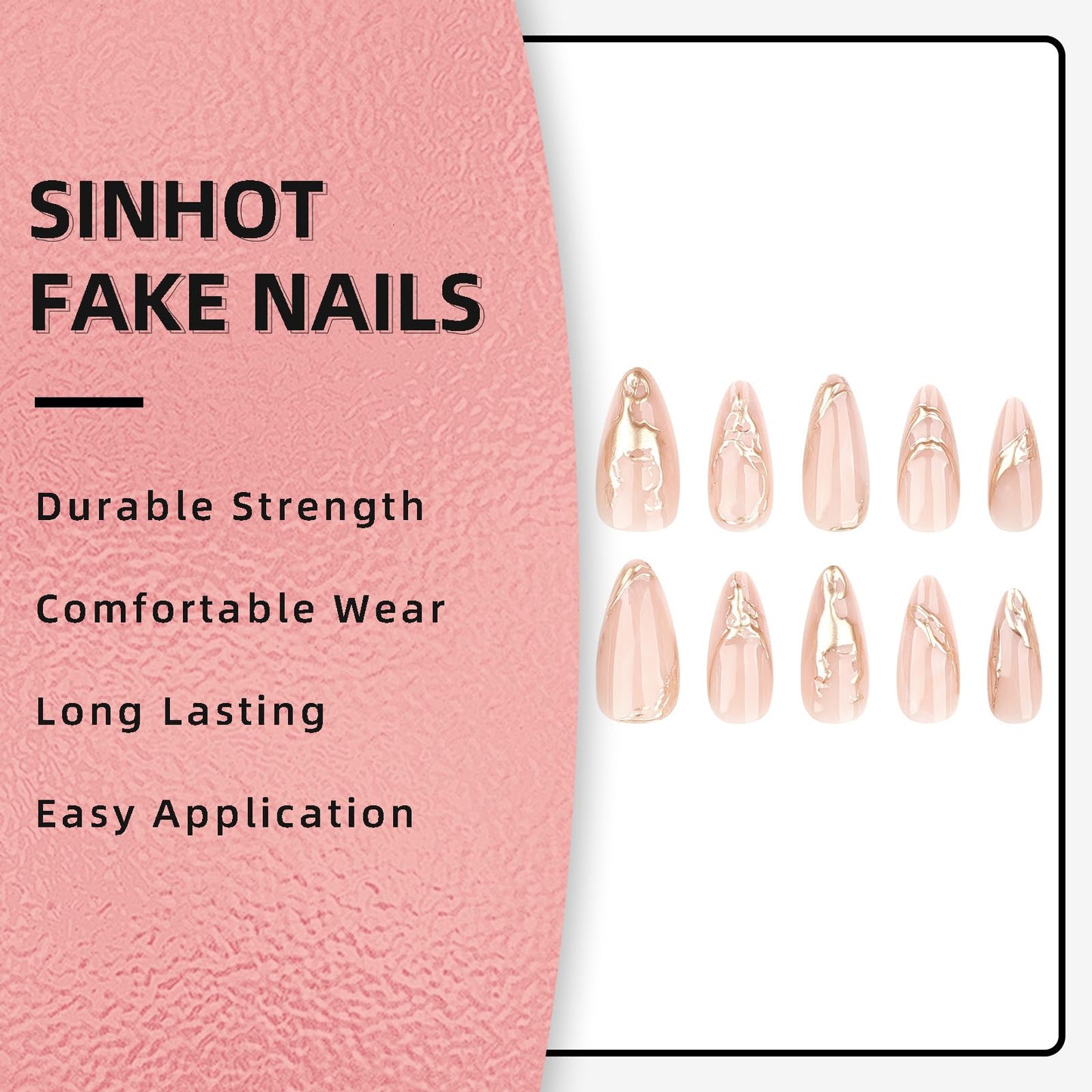 SINHOT Stiletto Glue on Nails - Long, Almond Artificial Nails with Marble Ombre, 3D Gold Chrome Design - 24 pcs