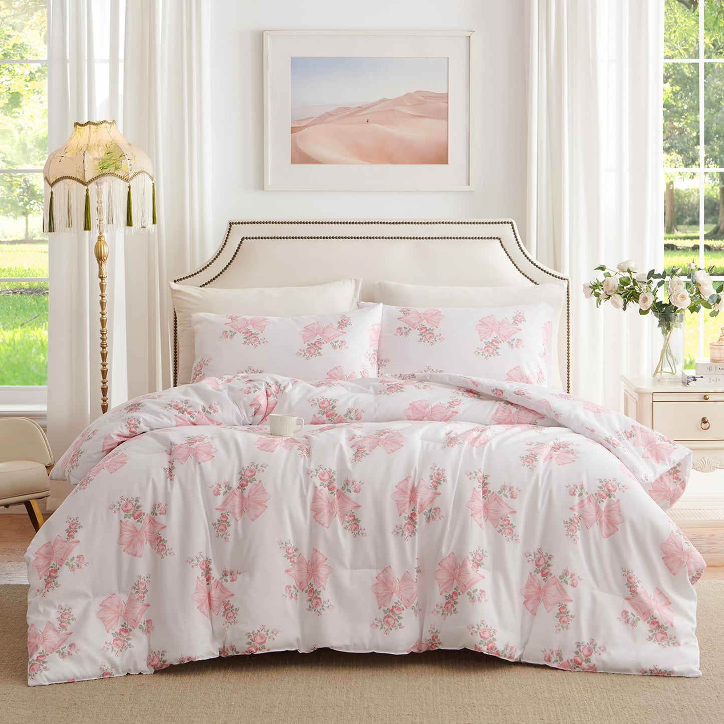 Nayoroom Pink Bow Comforter Set Queen Size Pink Floral Bed Comforter for Girls 3 Pieces Soft Lightweight Kids Cute Coquette Bedding Set for All Seasons