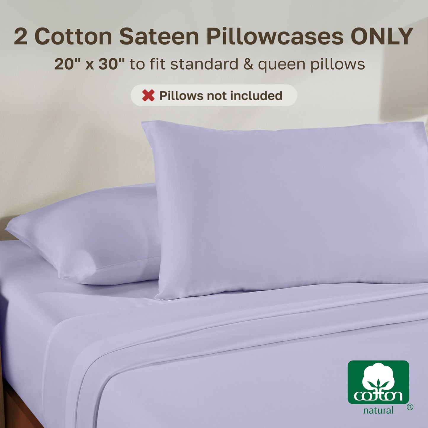 California Design Den Natural 100% Cotton Pillow Cases Queen Size Set of 2 - Cotton Pillow Cases Standard Size/Queen Size, Sateen, Envelope Closure, Gentle on Skin, Soft and Durable - Lavender