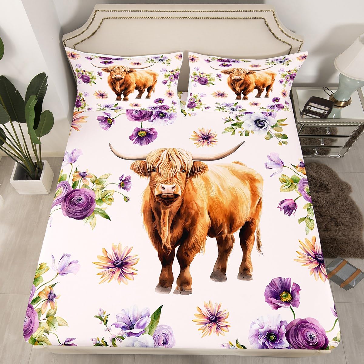 Castle Fairy Highland Cow Bed Sheet Set Twin Size,Rustic Farmhouse Style Animal Sheet Set Kids Teens,Purple Flowers Country White Bedding Decor Set with 1 Flat & 1 Fitted Sheet with 1 Pillow Sham