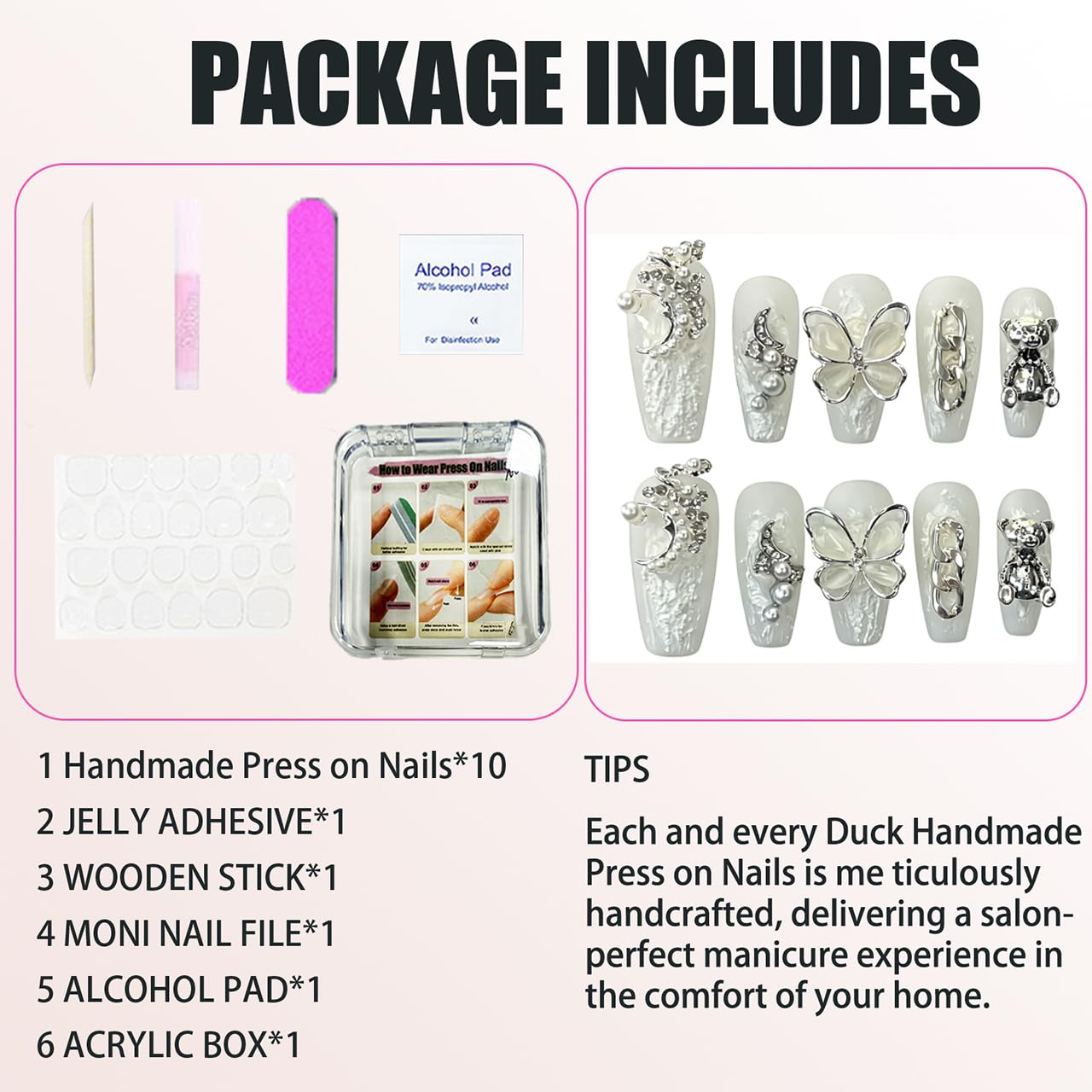 Handmade Press on Nails square Baroque Style Plaster Glue Pure White Decorative Adhesive with Moon Butterfly Pearl and Bear Acrylic Nails Press on Handmade Nails Handmade Nails(L)