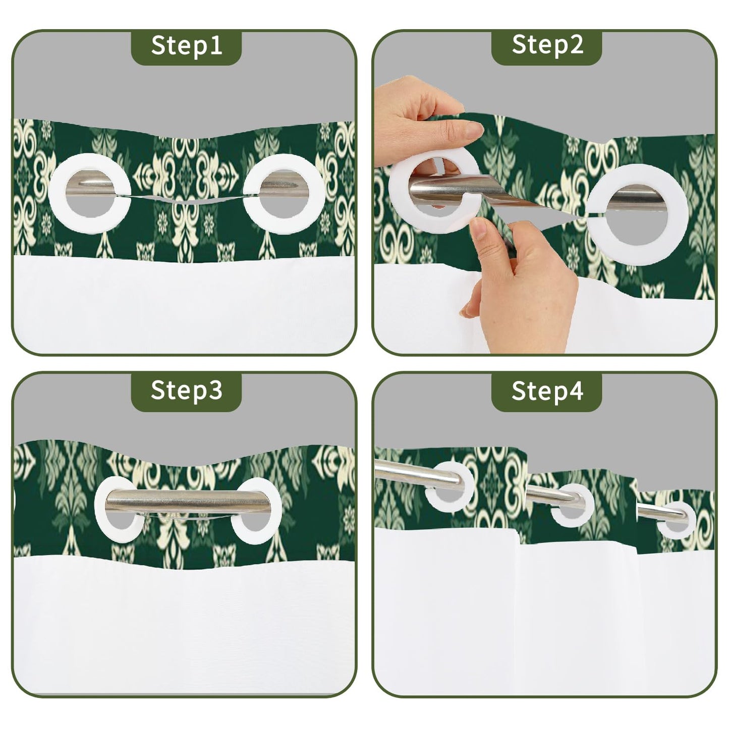 NAEMBCU Green Damask No Hook Shower Curtain with Snap in Liner Set 71x74in