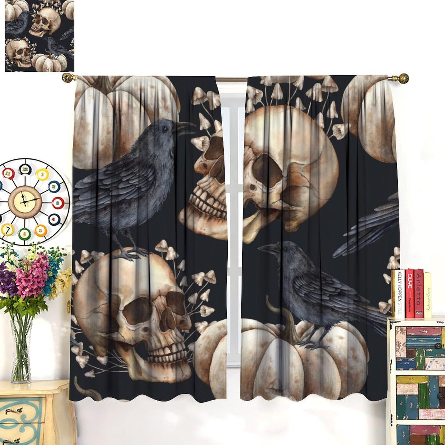HZOHNAGO Gothic Crow Curtains Skull Mushroom Pattern Blackout Print Rod Pocket Window Drapes for Bedroom Living Room 42x45in