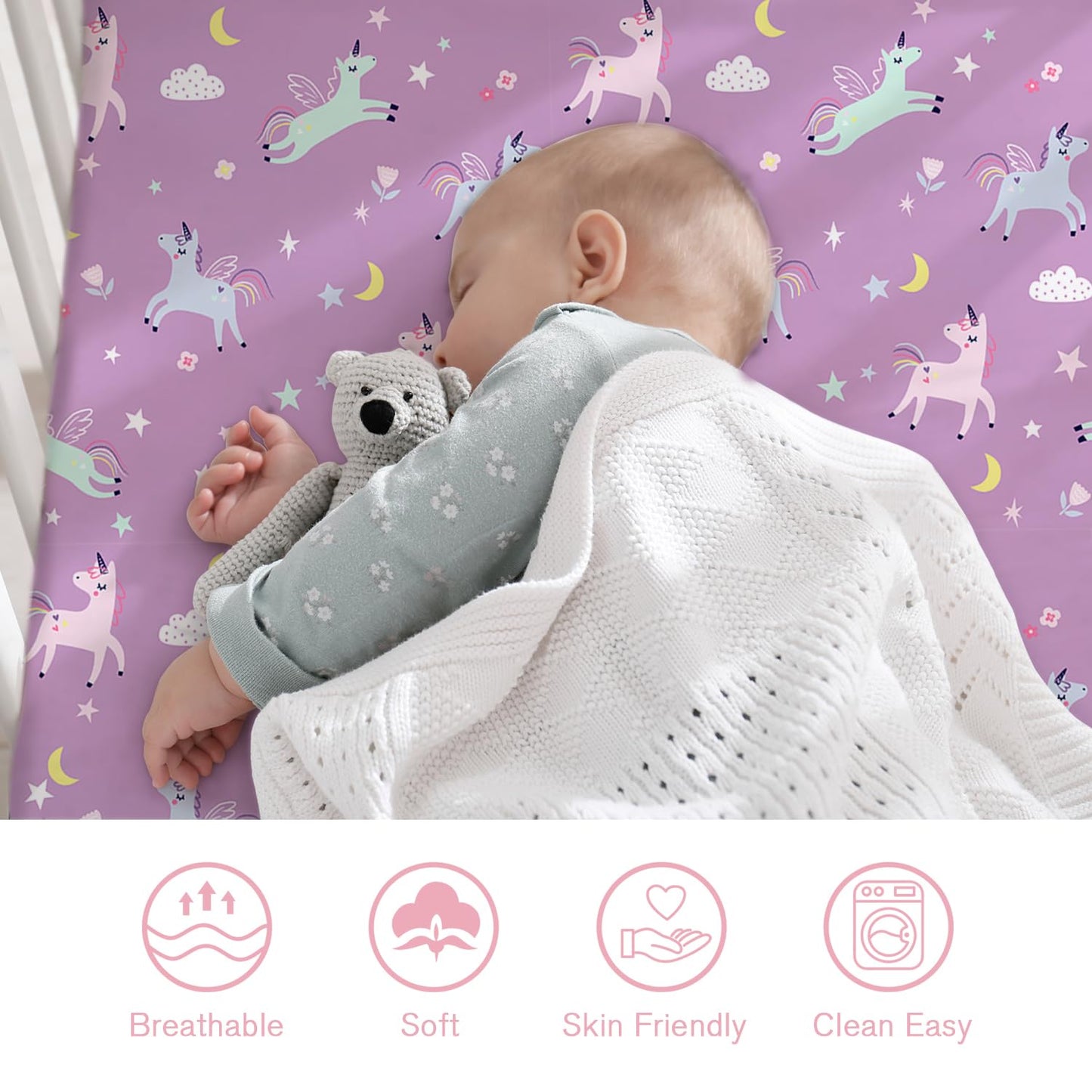 Little Grape Land Crib Sheets 2 Pack for Boys and Girls, Baby Neutral Crib Fitted Sheets for Standard Crib & Toddler Mattress, Super Soft Breathable Fitted Crib Sheet Set, Unicorn
