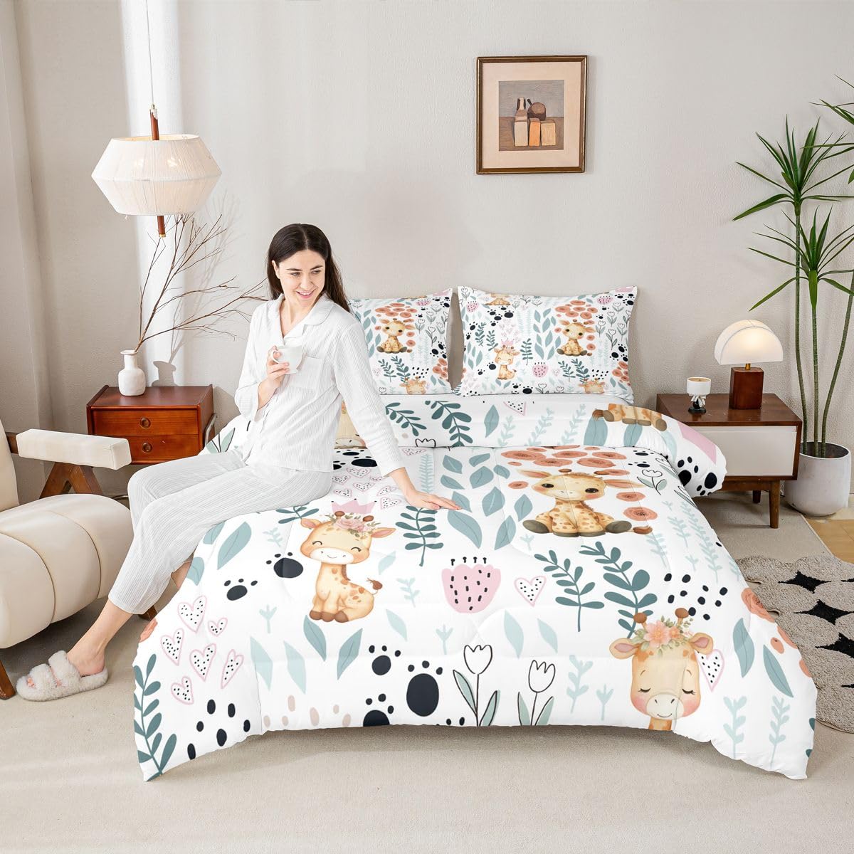 Erosebridal Kawaii Giraffe Bedding Set,Cartoon Giraffe Comforter Set Twin,Cute Love Heart Leaf Flower Comforter Set for Kids Girls Boys,Paw Print Animals Quilt Duvet Insert with 1 Pillow Case