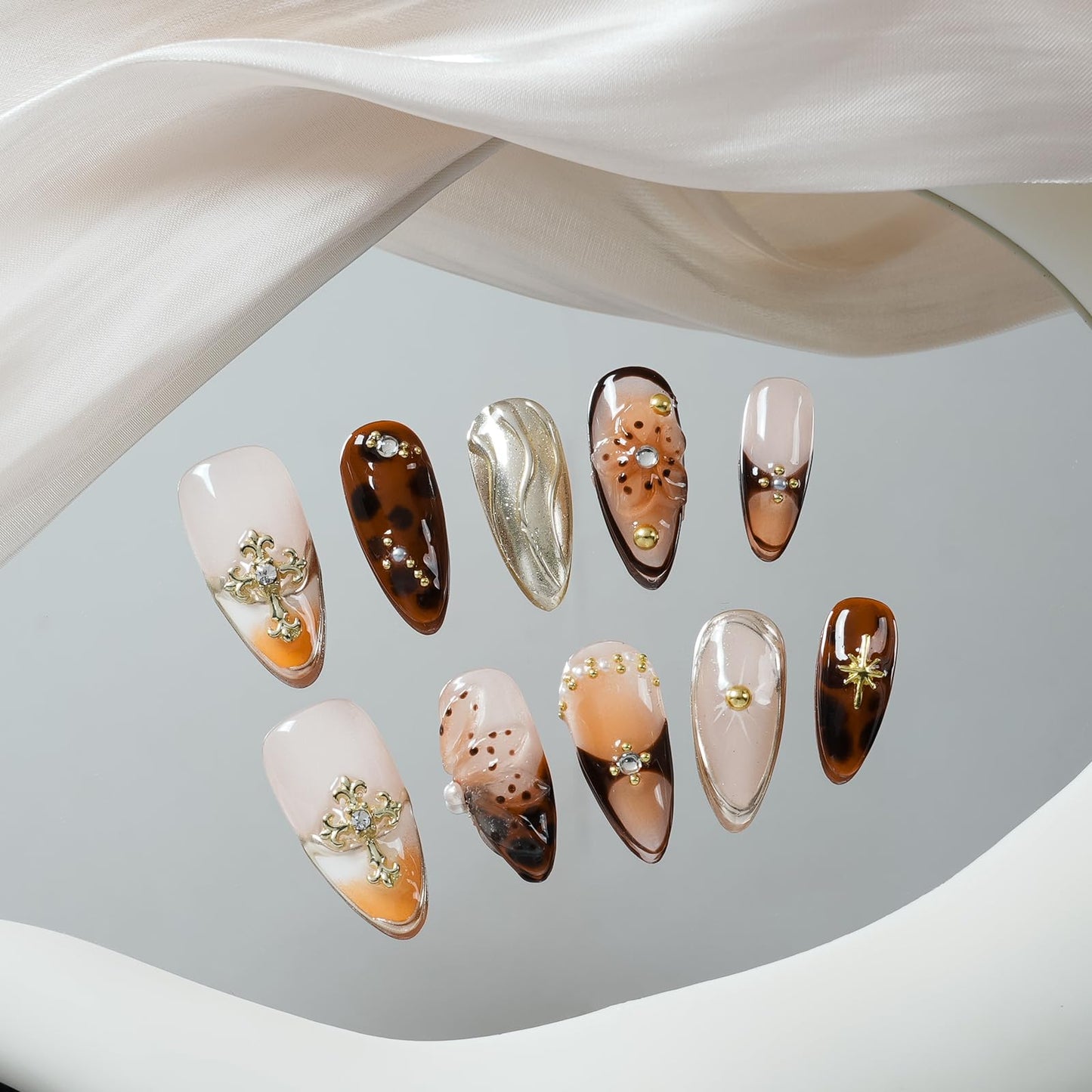 Tesytto Luxury Handmade Press on Nails - Gothic Gold Cross & 3D Floral Medium Almond, Vintage Pearl Rhinestone Glossy Salon Quality Nails (Orange Diamond Sweet Luxury,M)