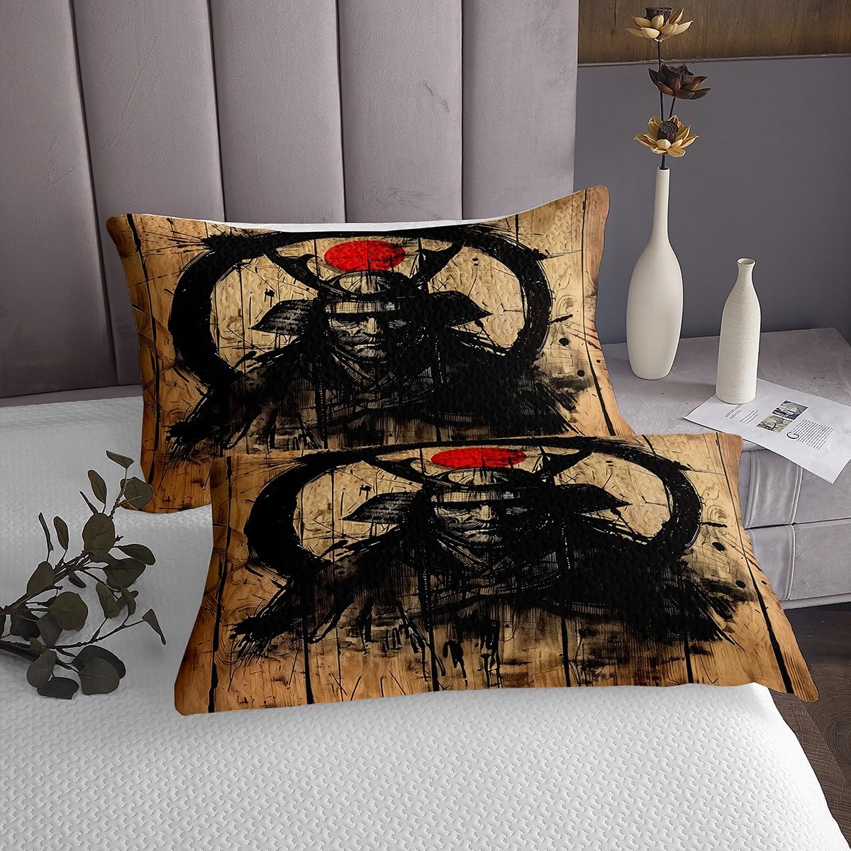 Homewish Japanese Samurai Bedspread King Size,Black Graffiti Bedding Set 3Pcs for Kids Girls Boys Adult Room Decor,Swordsman Art Quilt Comforter Rustic Brown Wooden Coverlet,2 Pillowcases