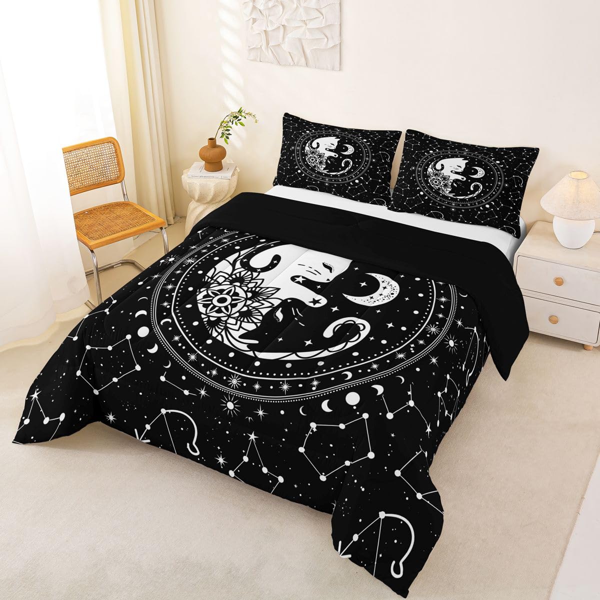 Cute Cats Comforter Set Twin,Gothic Star Sky Moon Constellation Bedding Set 2pcs for Kids Teens Boy Girls Room Decor,Animals Flower Plants Quilt Set Black Exotic Duvet Insert with 1 Pillowcase