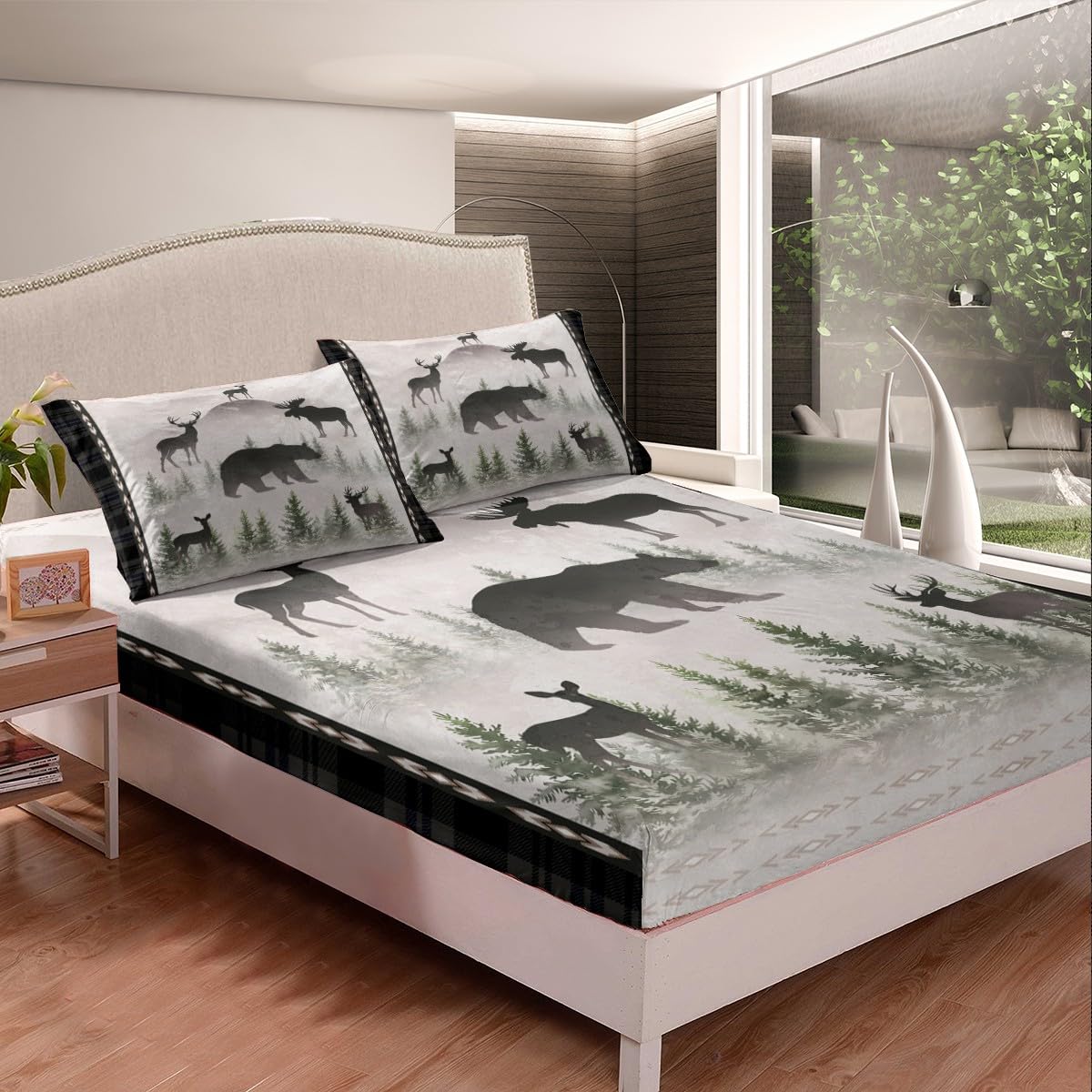 Cute Bear Deer Bed Sheets Full Size,Foggy Pine Tree Jungle Bedding Set 4Pcs,Hunting Animal Fitted Sheet for Kids Boys Woman Men Room Decor,Western Tribal Striped Top Flat Sheet,2 Pillowcases