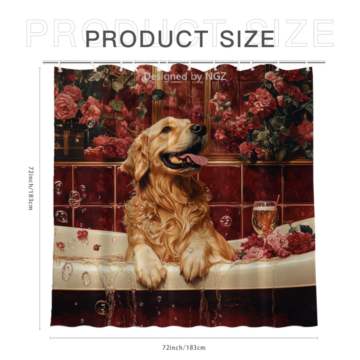 NGZ Funny Golden Retriever Shower Curtain, SPA Golden Retriever with Wine, Red Shower Curtain, 72x72 Inches Floral Shower Curtains for Bathroom, Bath Curtains Set with 12 Hooks