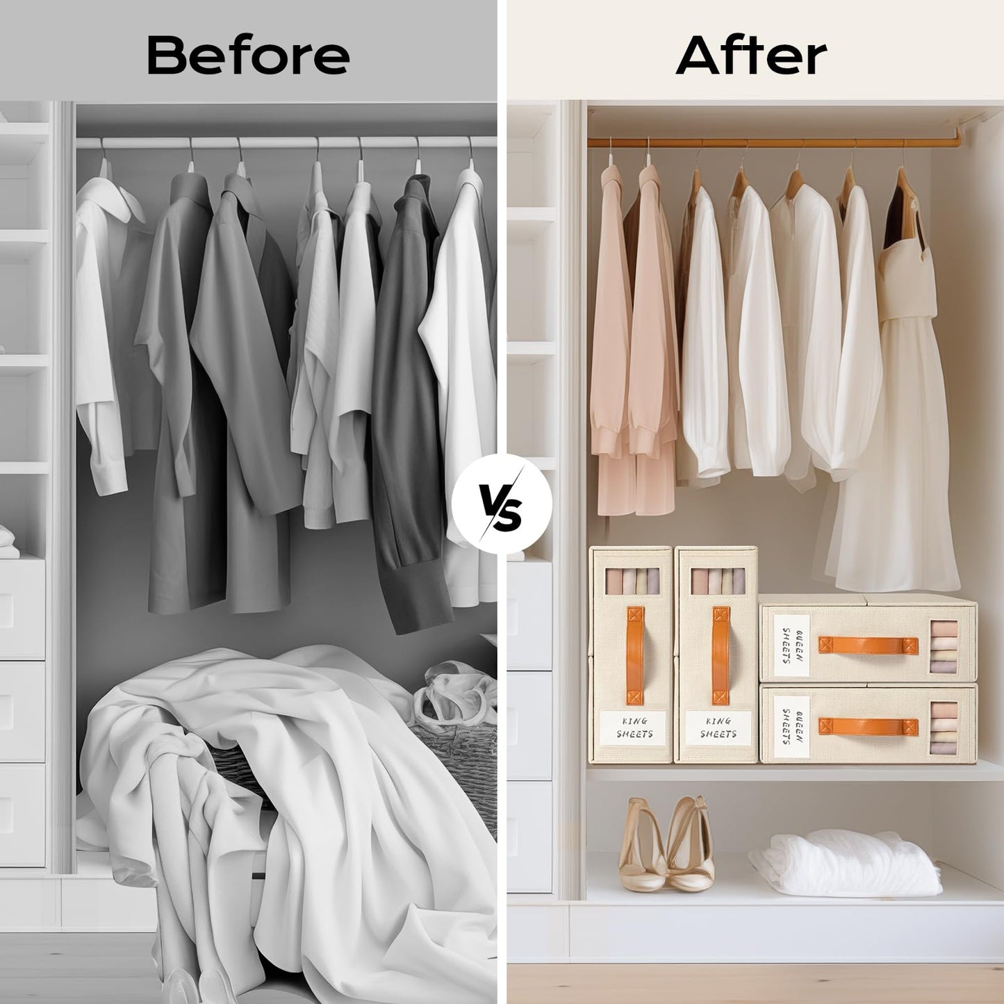 Yecaye 4 Pack Bed Sheet Organizer, Foldable Linen Closet Organizers and Storage (Queen & King Size) with Window & Label, Bedding Storage Box for Bedsheets, Duvet Covers and Pillow, Beige