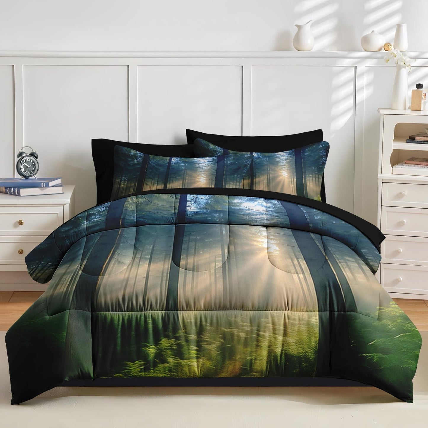 Nesker Comforter Set Full Size, Sunlit Forest Nature 7 Pcs Bedding for Kids and Adults, Misty Tree Forest Bed Sheet Sets with Fitted Sheet 2 Pillowcases & 2 Shams