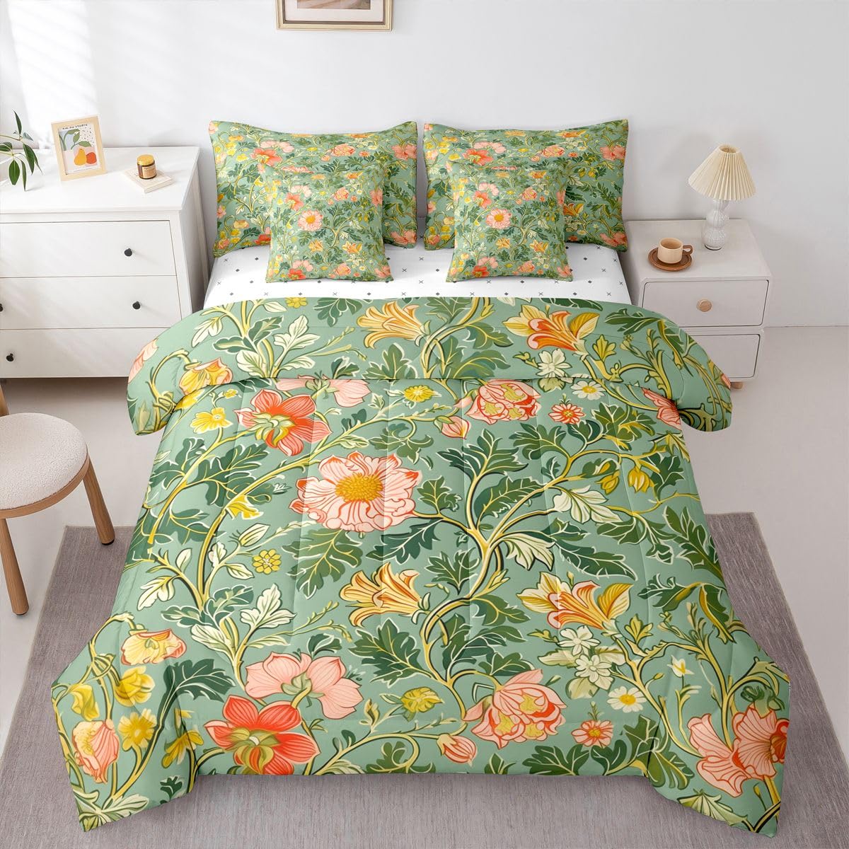 Erosebridal Lotus 7 Piece Bedding Set Twin Floral Comforter Set with Sheets Farmhouse Plant Leaves Botanical for Kids Boys Girls Pink Flowers Petals Daisy Bed in a Bag