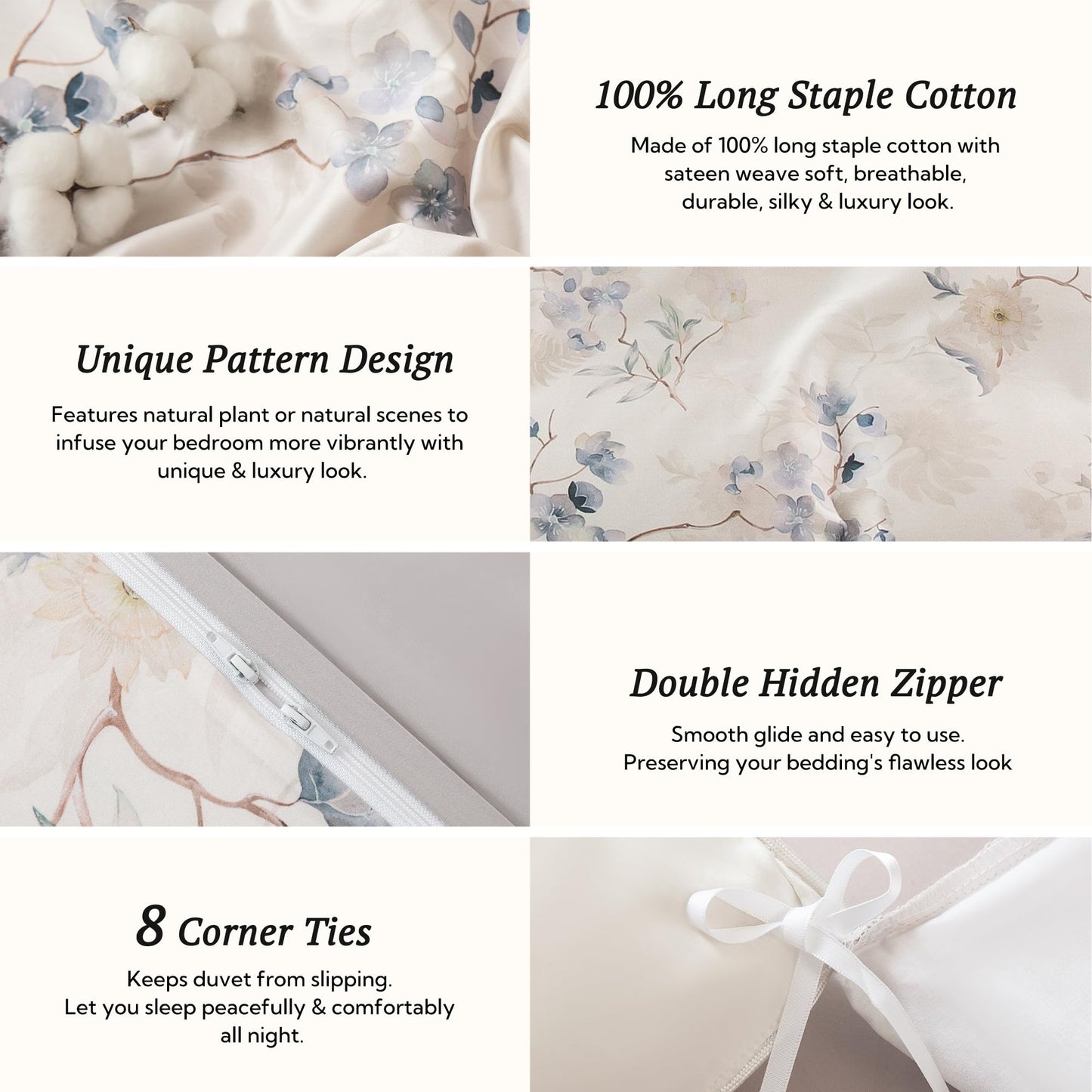 MILDLY Queen Duvet Cover Set - 100% Long-Staple Cotton Elegant Floral Patten Reversible Comforter Cover - 3Pcs Soft Breathable Luxury Bedding for All Season