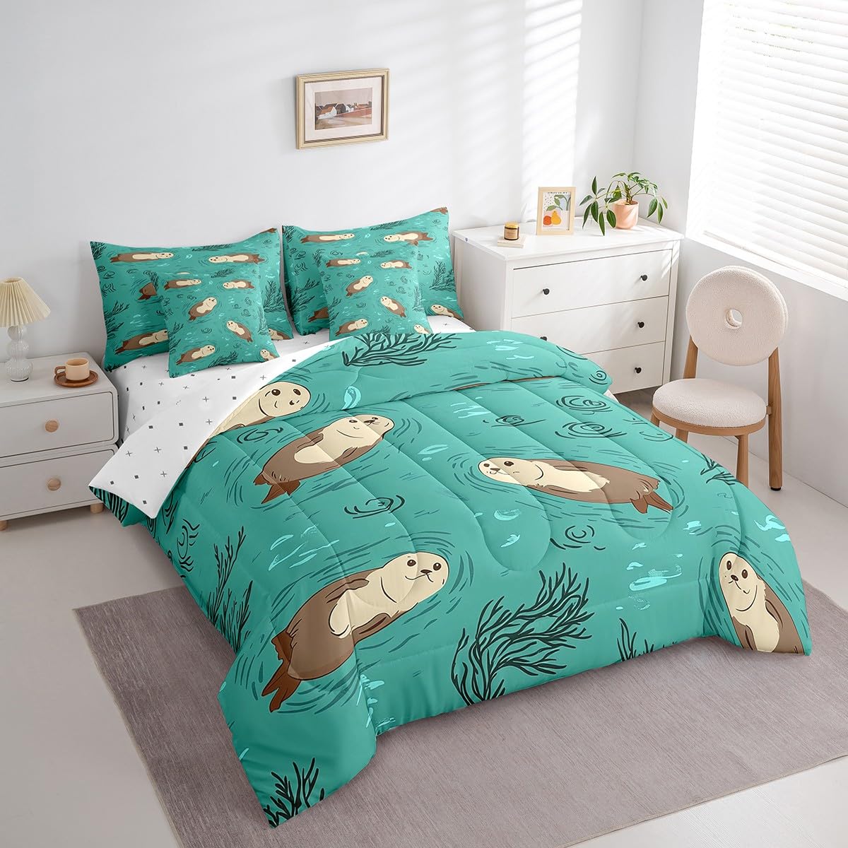 Erosebridal Otter Bedding Set for Kids Cute Ocean Animal Twin Comforter Set 7 Piece Cartoon Marine Life Bed in A Bag with Sheets for Boys Girls Blue Sea Aquatic Plants Bed Set