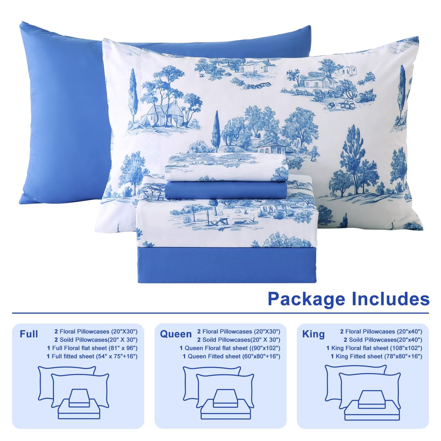 Botanical 6-Piece Queen Bed Sheets Set, Boho Floral Print Brushed Microfiber Sheets, Cooling Bed Sheet Set, Ultra Soft & Breathable, 16' Deep Pocket Fitted Sheet & Pillowcase Set, Blue Floral