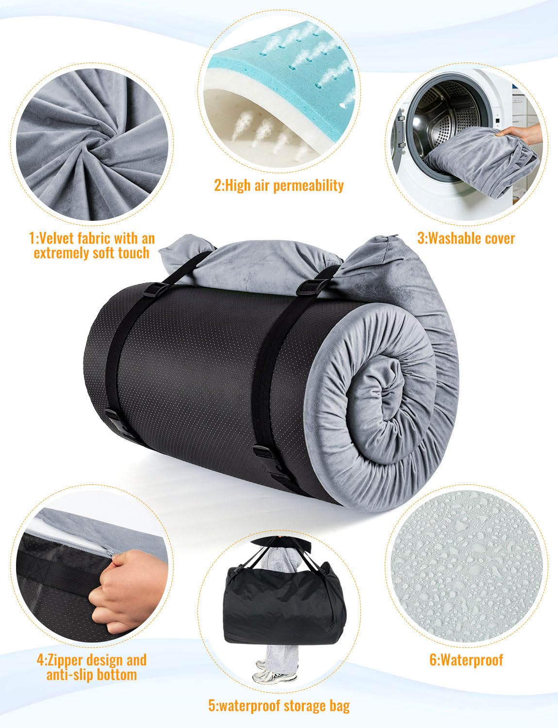Memory Foam Camping Mattress,Ventilated Design High Density Breathable Waterproof Non-Slip Portable Sleeping Pad with Travel Bag for Car Tent Roll-Up Glamping Floor Bed for Guests Sleepover