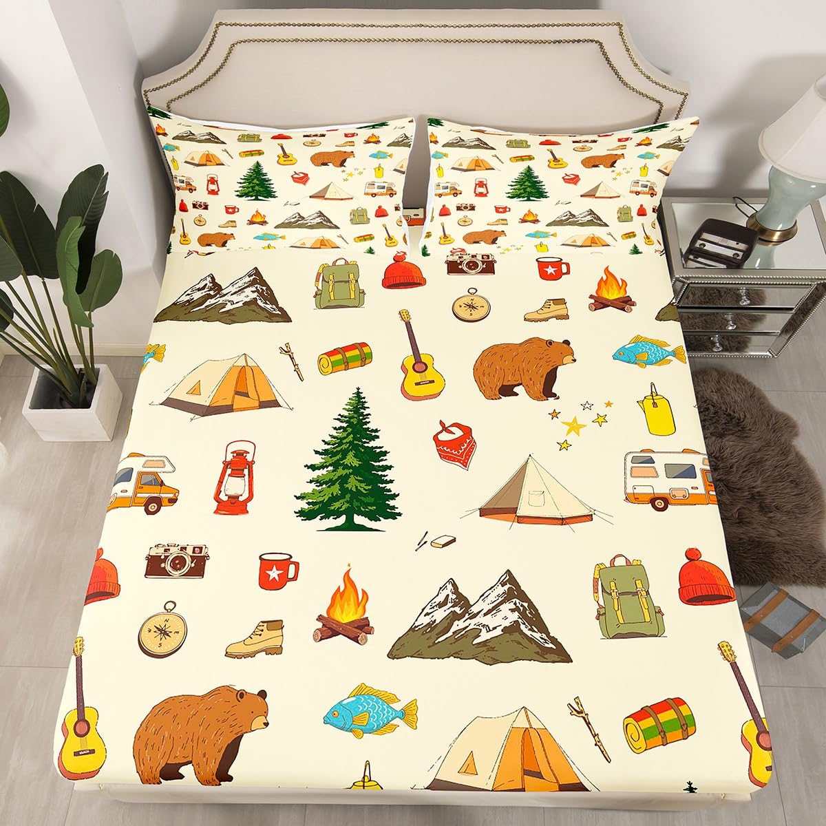 Camping Adventure Fitted Sheet Twin for Boys Teens Girls Kids Room Decor Cartoon Bear Tent Mountain Tree Bed Sheet Outdoor Life Bedding Set 2pcs Traveling Lover Deep Pocket Sheet,1 Pillowcase