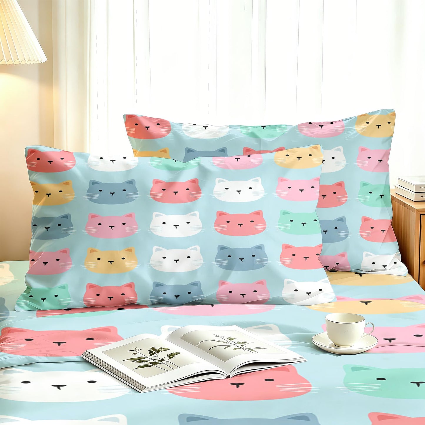 Cute Cat Sheet Set, 4 Pcs King Size Girls Kitten Bed Sheets