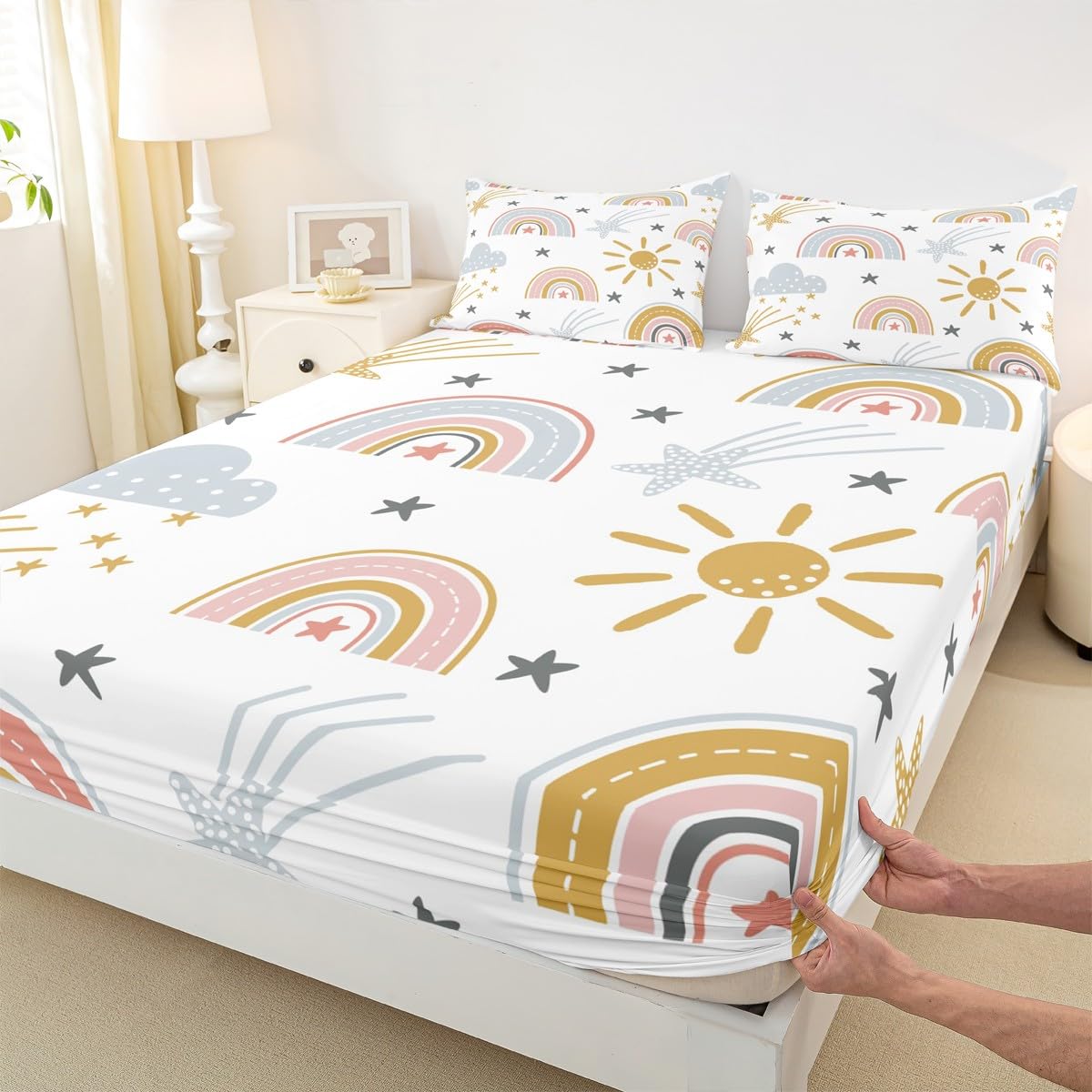 Erosebridal Girls Rainbow Fitted Sheet Sun and Stars Bed Sheets Full Size for Kids Boys Children Cartoon Cloud Bedding Set Girly Soft Microfiber Bed Sheet Home Decor with 2 Pillow Cases(No Flat Sheet)