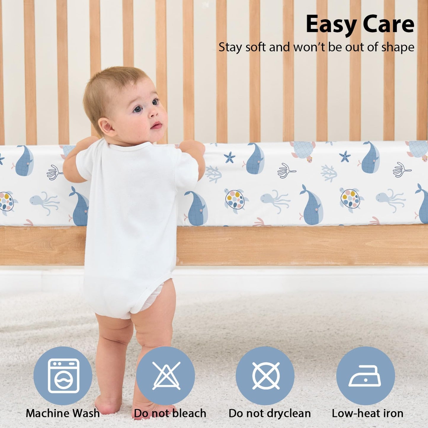 FIEMOL Baby Crib Sheets for Boys and Girls, 3 Pack Toddler Bed Sheets for 52”x28” Standard Toddler Mattresses, Soft Microfiber Fitted Crib Sheets Neutral Blue Ocean Whale