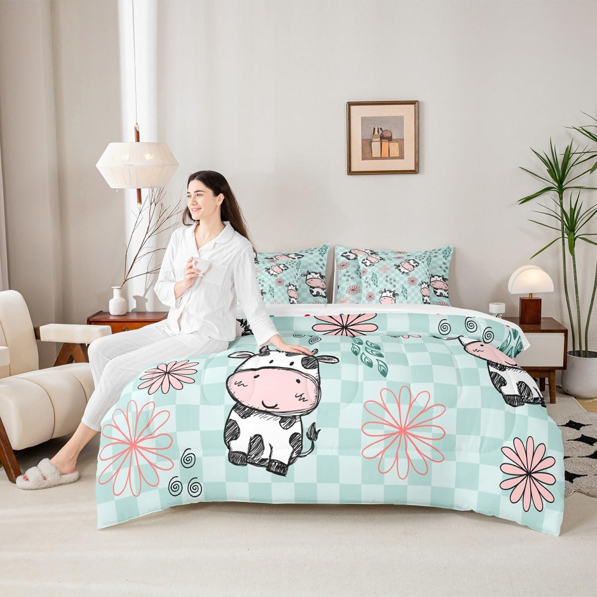 Erosebridal Kids Cartoon Cow Queen Comforter Set with Sheets | Lovely Animal 7 Piece Bedding Set Cute Pet Bed in a Bag, Buffalo Checked Backdrop Abstract Flowers Room Decor