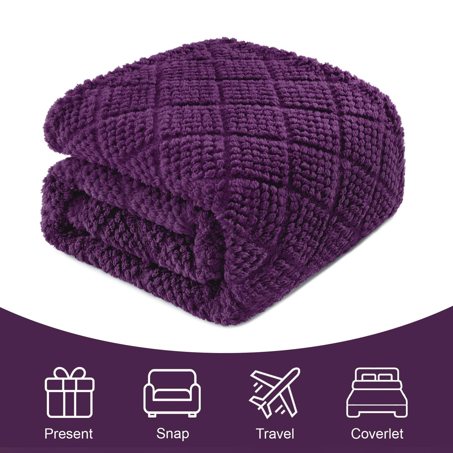 Whale Flotilla Fuzzy Fleece King Size Blanket for Bed, Soft Fluffy Jacquard Waffle Blankets for All Season, Lightweight and Cozy, 90x104 Inch, Purple