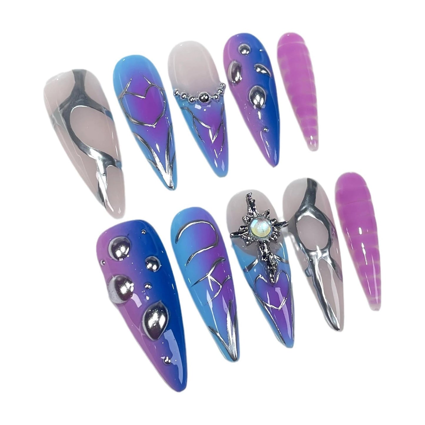 10Pcs Blue Handmade False Nails Long Almond Press on Nails Ombre Fake Nails with 3D Swirl and Charms Design Acrylic Nails Press Ons Luxury Reusable Stick on Nail for Women (Size M)
