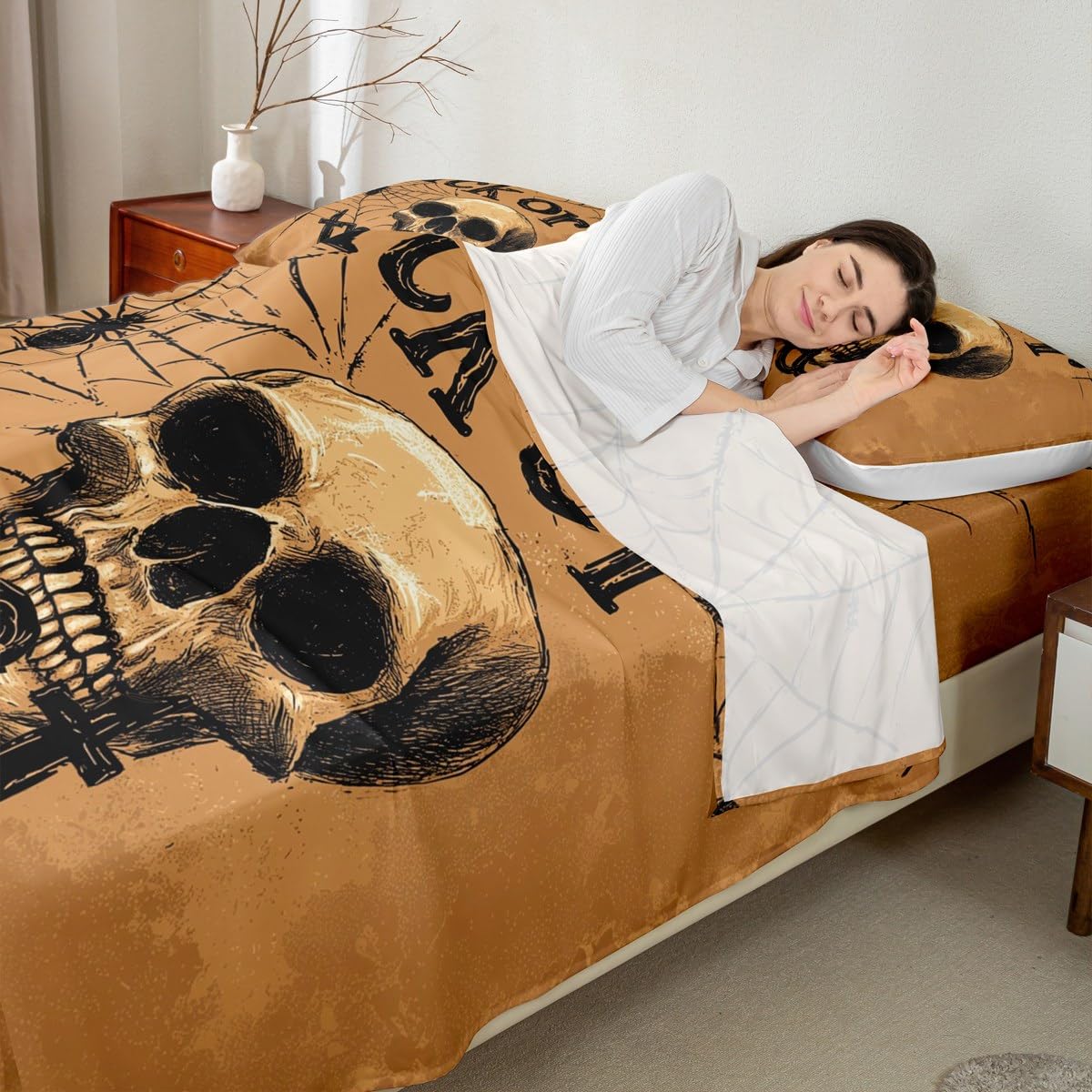 Feelyou Kids Halloween Bed Sheets Set Full Size, Trick or Treat Sheet Set Skull Decor Bedding Set Boys Girls Spider Web Teens Bedroom Decor Soft Bed Set 4Pcs