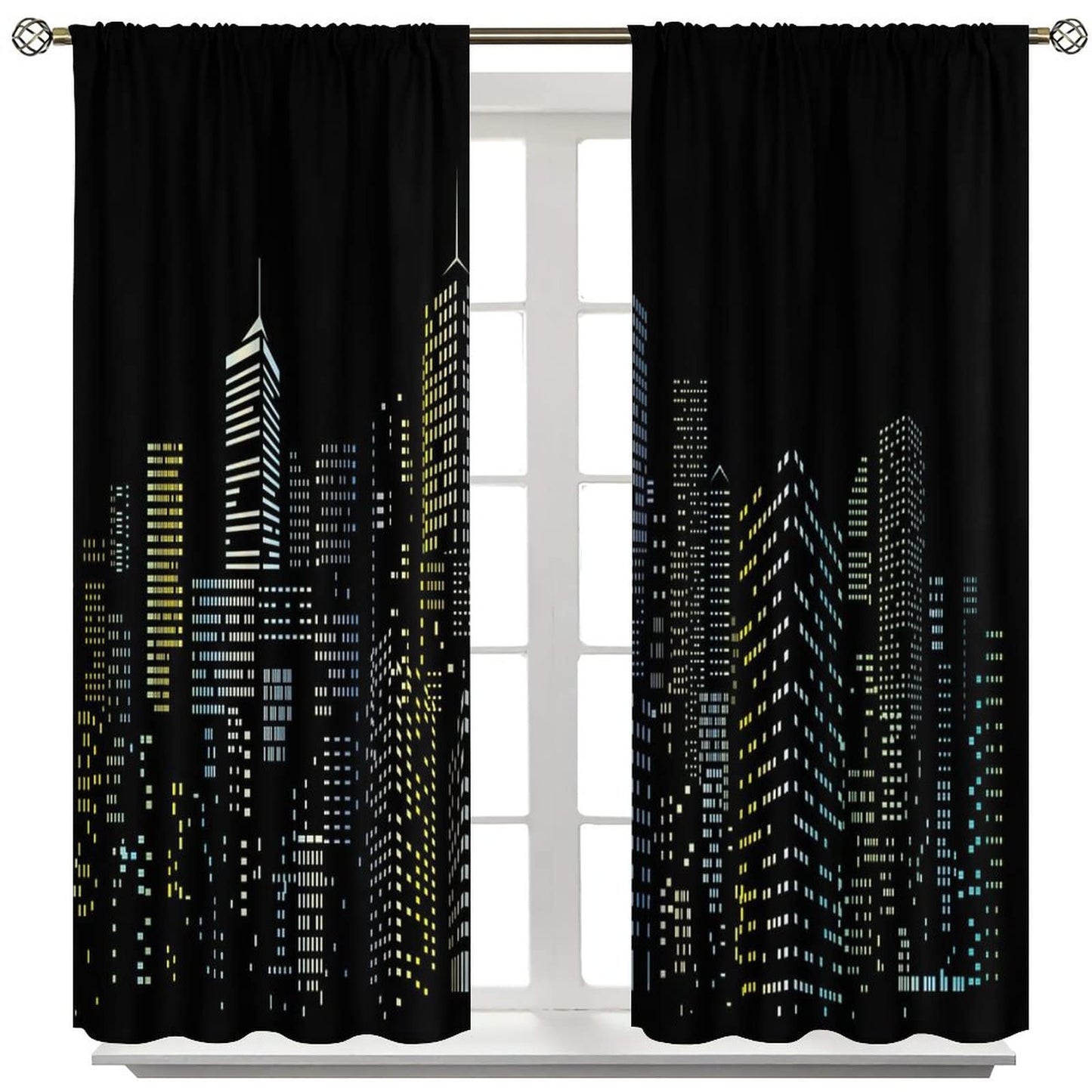 New York Window Curtains,Abstract Modern City Silhouette Black Background Room Darkening Door Window Rod Pocket Curtain for Living Room Bedroom Kitchen Decor W42xL45in