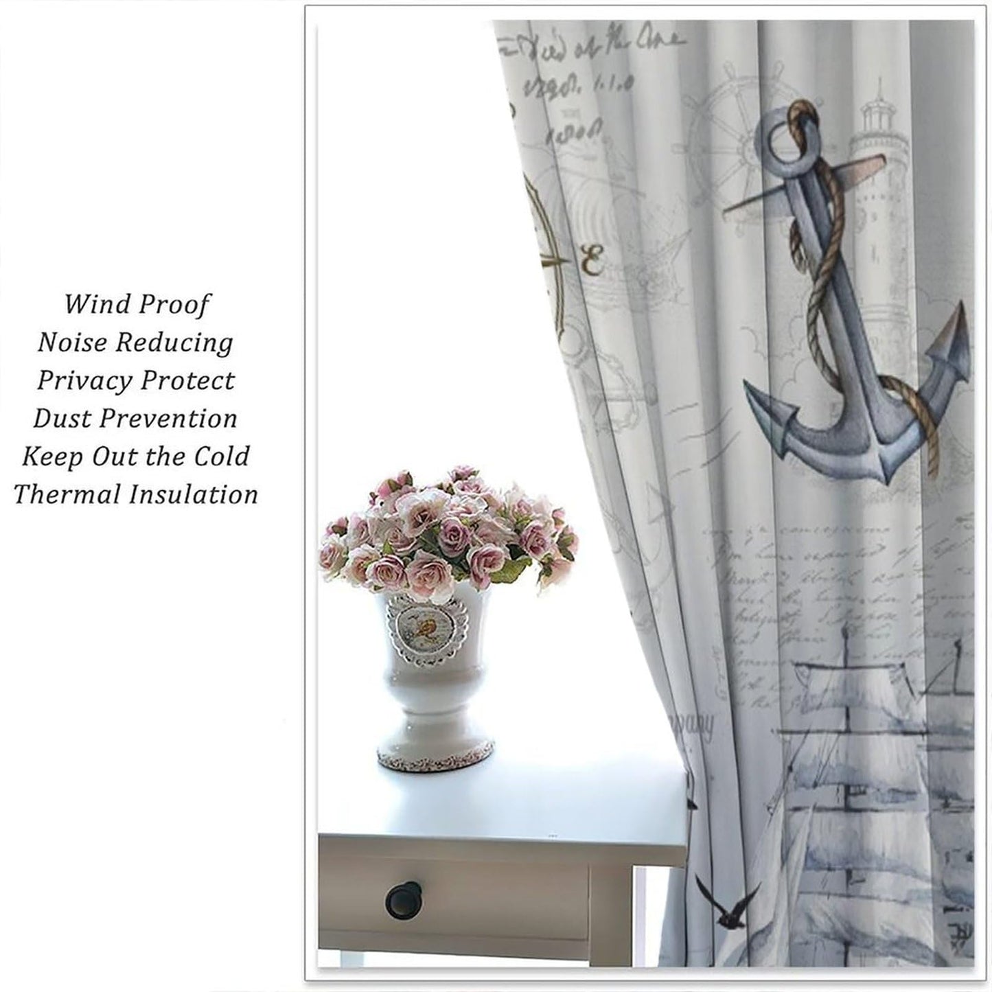 Nautical Curtains for Kitchen Vintage Blue Ocean Beach Retro Sailboat Map Rustic Lighthouse Compass Scene Print Windows Treatments for Kids Boys Bedroom Living Room Bathroom 42x44.5In（No Blackout）