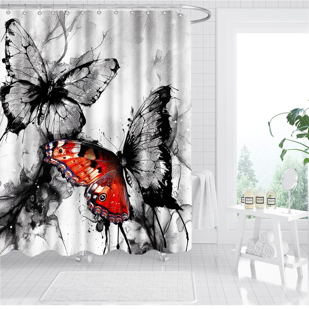 Conipit Butterfly Shower Curtains for Bathroom Black Red Ink Painting Shower Curtain Watercolor Butterfly Bathroom Curtain 72"x72" with 12Pcs Hooks(red)