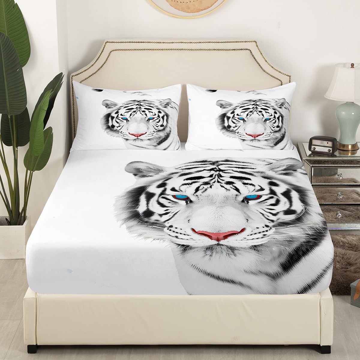 Feelyou Tiger Bedding Set White Tiger Print Bed Sheet Set for Kids Boys Adults 3D Animal Pattern Fitted Sheet Luxury Microfiber Bed Cover,Room Decor 3Pcs Sheets Full Size