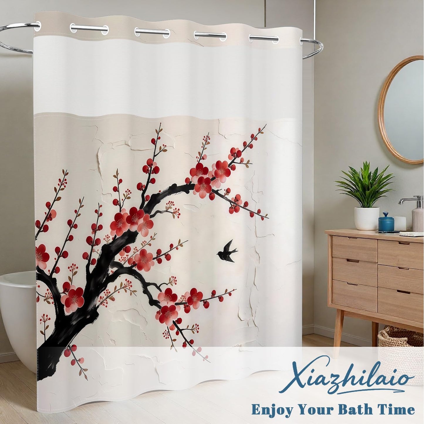 Xiazhilaio Plum Blossom Shower Curtain with Snap in Liner, 71x74 Inch