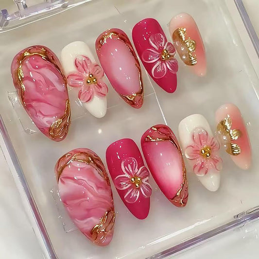 24Pcs Medium Almond Press on Nails Spring Summer Fake Nails with 3D Flowers Pearl Rhinestones Designs Full Cover Gold French Tip Stick on Nails Pink Flowers False Nails for Women Acrylic Nail Salon