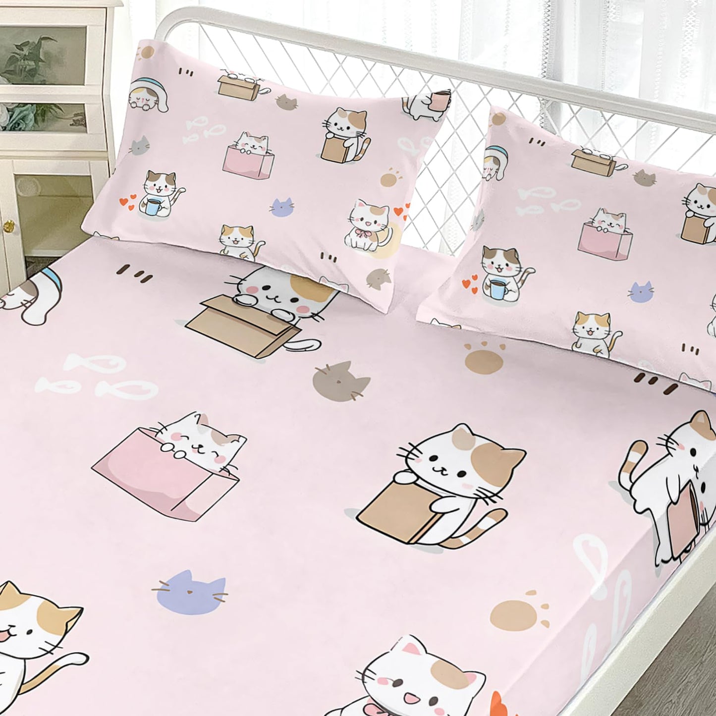 AILONEN Sticker Cat Twin Fitted Sheet Set, 3 Piece Microfiber Bedding Pack with 2 Pillowcases, 16 Inch Deep Pocket, Cute Animal Room Style