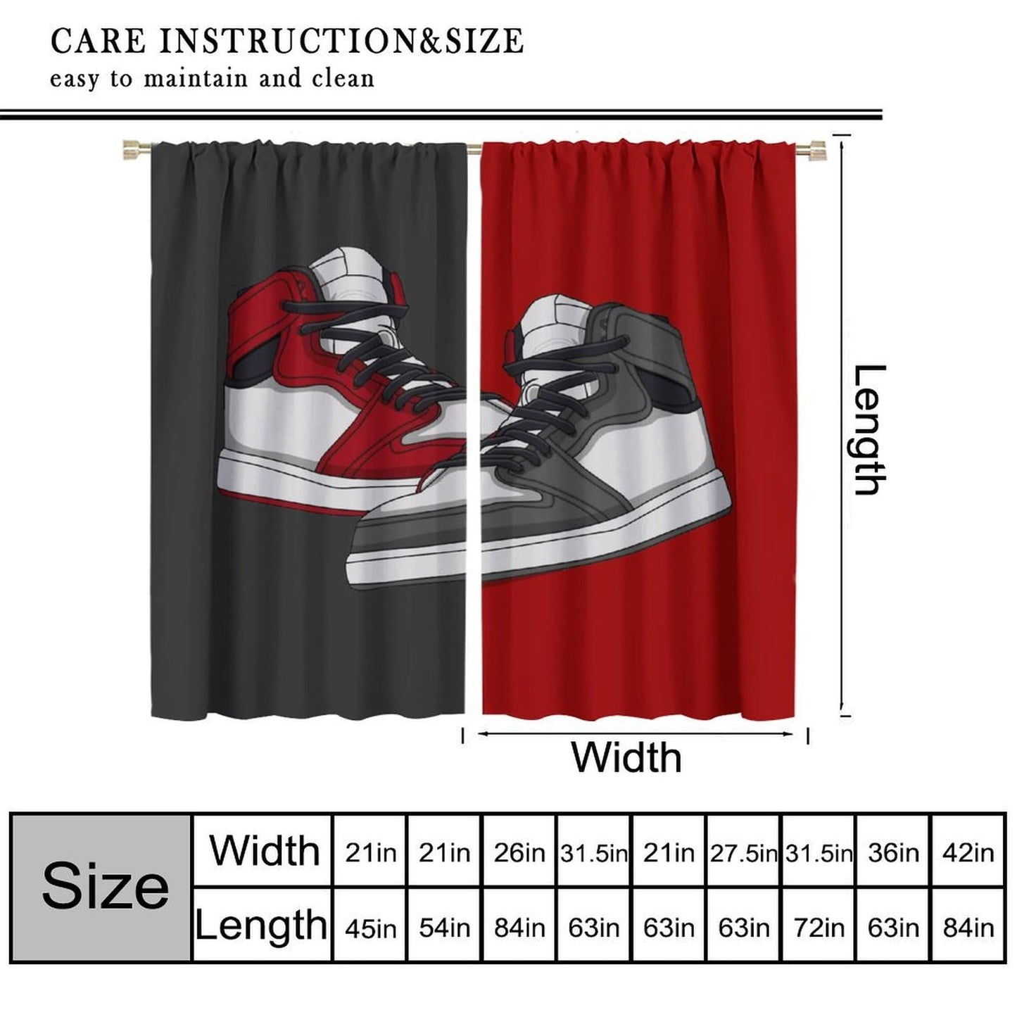 Mchenxin Shoes Boys Curtains, Cool Red Grey Sports Sneaker Footwear Retro Basketball Shoes Print Window Curtains Drapes for Kids Teens Bedroom Living Room, 42x45in (No Blackout)