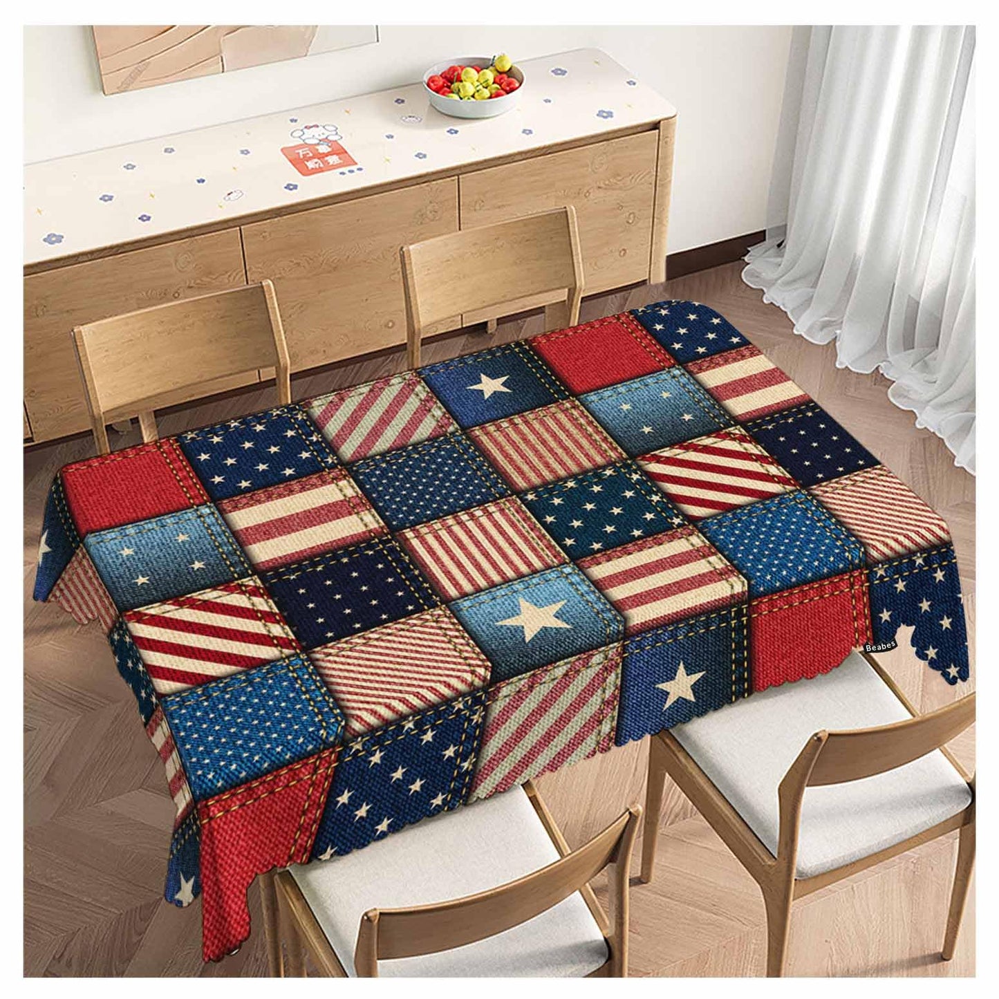 Beabes American Flag Tablecloth for Rectangle Tables Denim Patchwork of American Flag Picnic Table Cover Indoor and Outdoor Table Cloth Camping Tablecloths for Dinner Kitchen 52"X70"