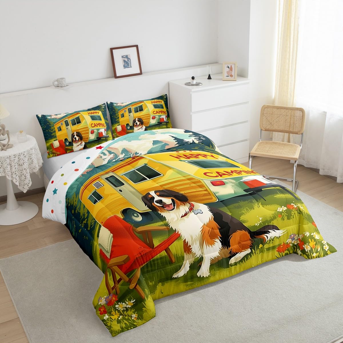 Erosebridal Camping Comforter Set for Kids Boys Girls Camper Rv Accessories Bedding Happy Camping Duvet Set Rustic Cabin Decor Comforter King with 2 Pillowcases
