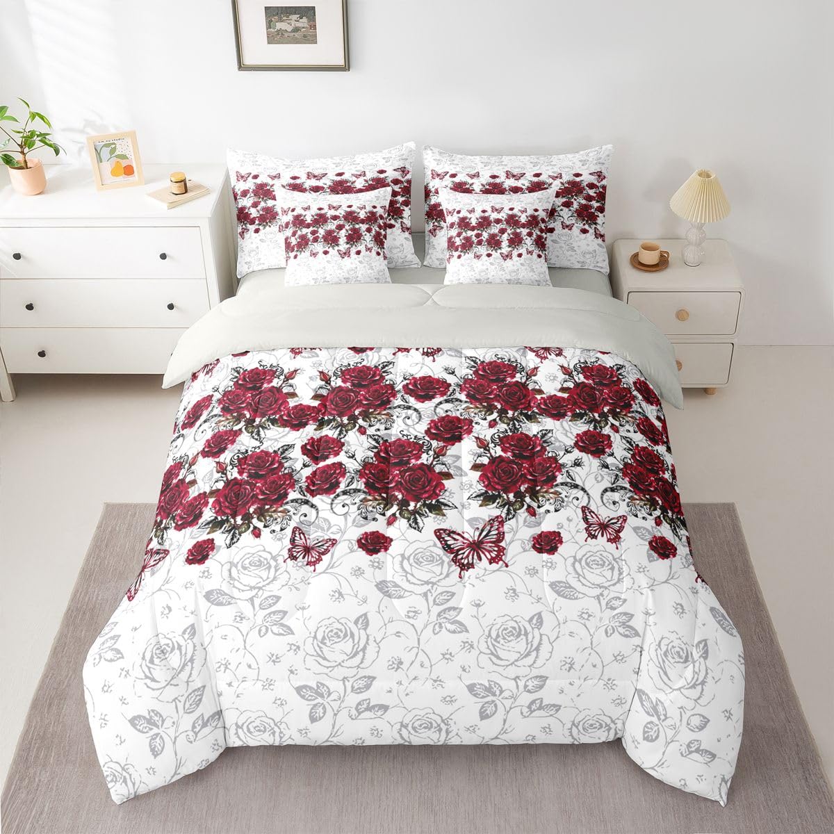Feelyou Red Rose 7 Piece Bedding Set Floral Flower Comforter Set with Sheets for Kids Boys Girls Jacquard Damask Bed in a Bag Butterfly Print Bed Set Soft Lightweight