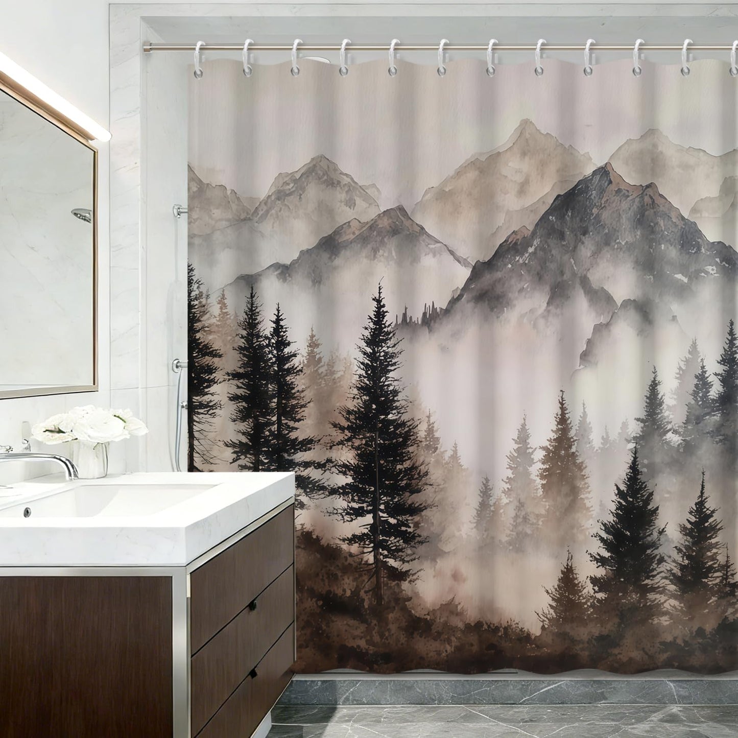Xiazhilaio Mountain Mist Forest Shower Curtain with Rings – 71x74 Inch Waterproof Fabric Bath Curtain with Hooks, Nature Landscape Scenic Bathroom Curtain for Rustic Cabin Style Home Accent